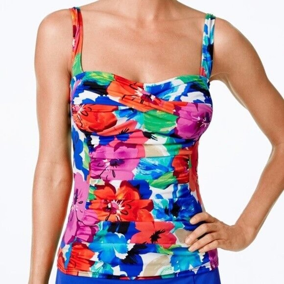 Swim Solutions Sedona Floral-Print Tankini Top Red Blue Multi Size‎ 8 NWT - Picture 1 of 6